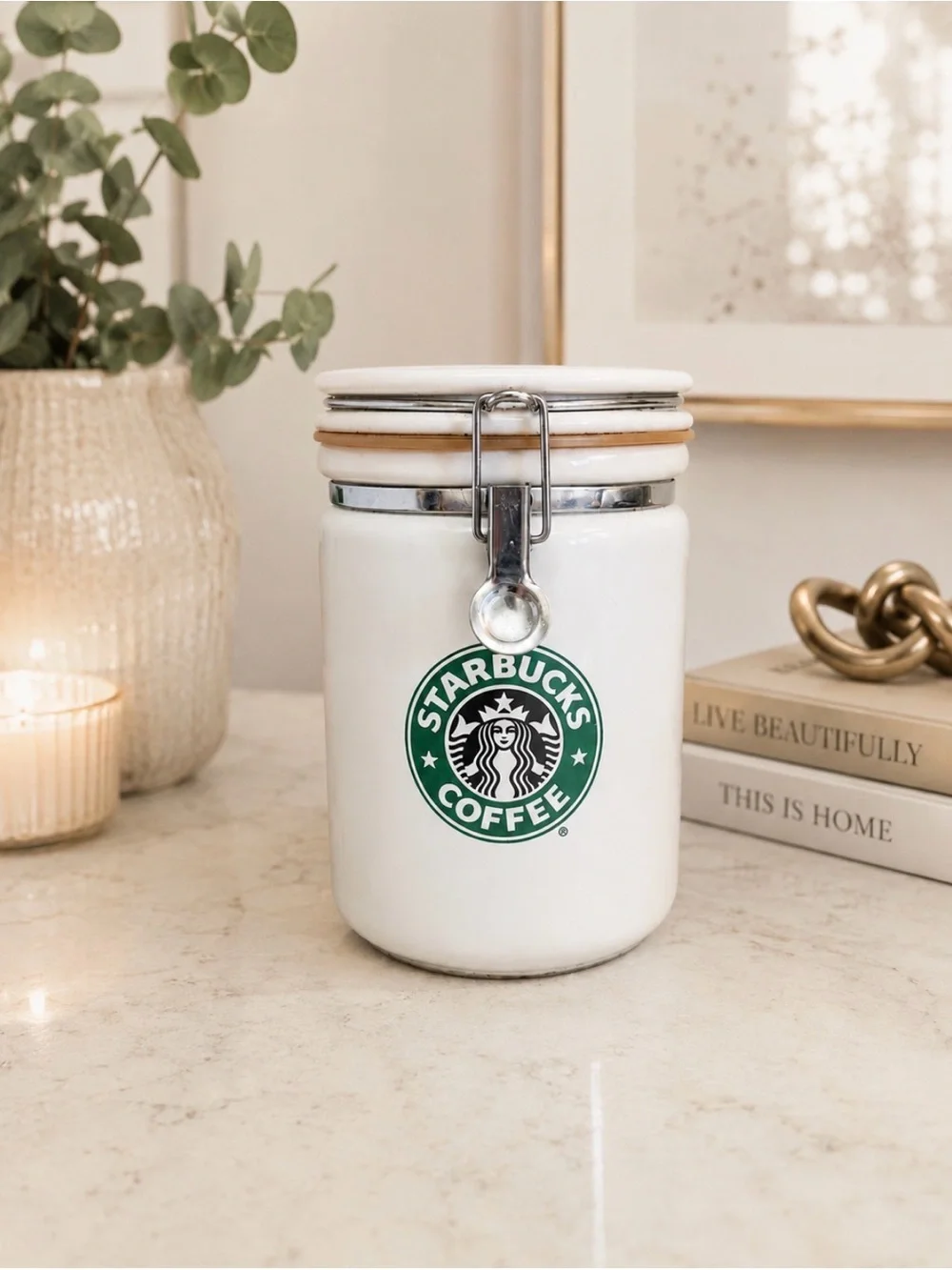 Starbucks White Ceramic Canister with Green Logo and Silver Clasp